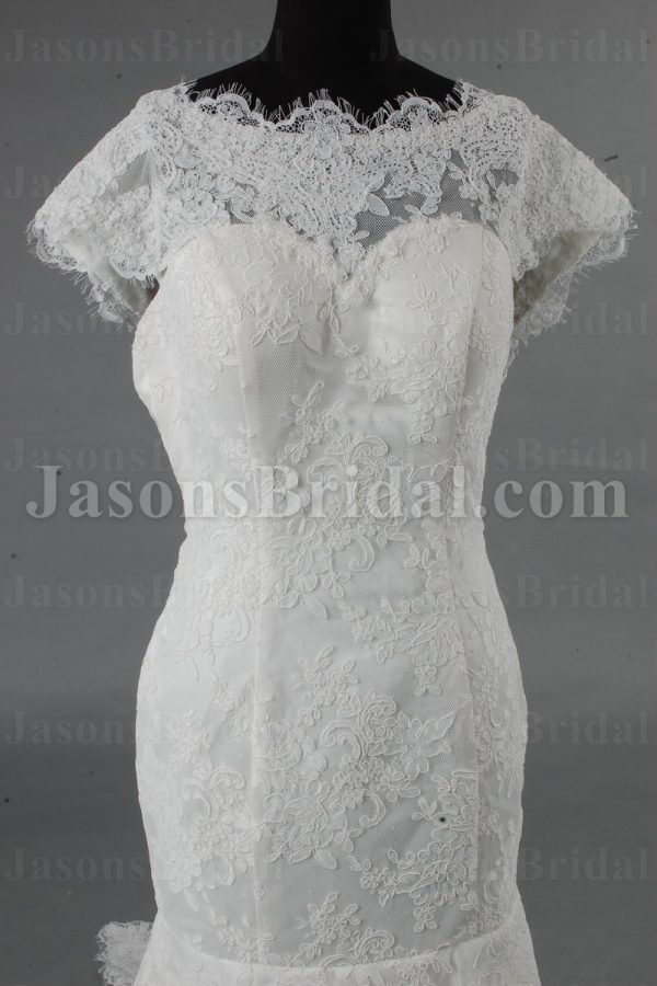 Fit-and-Flare Off-the-shoulder Bateau Low Back Floor Length Lace Wedding Dresses with Detachable Train