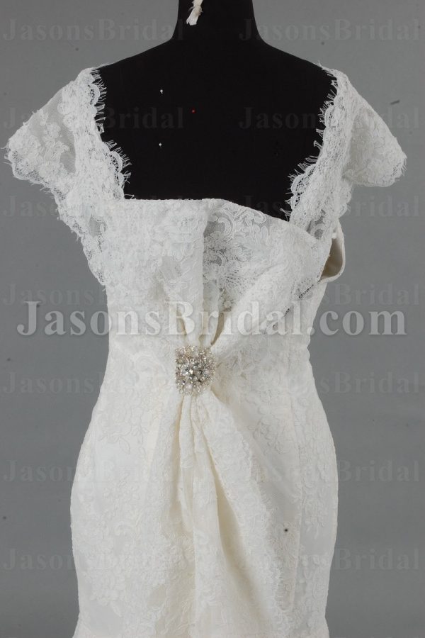 Fit-and-Flare Off-the-shoulder Bateau Low Back Floor Length Lace Wedding Dresses with Detachable Train