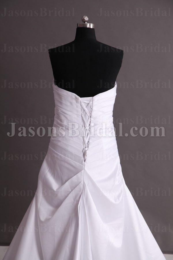 Elegant Fit-and-Flare Sweetheart Ruched Bodice Side Draped Sweep Train Satin Wedding Dresses
