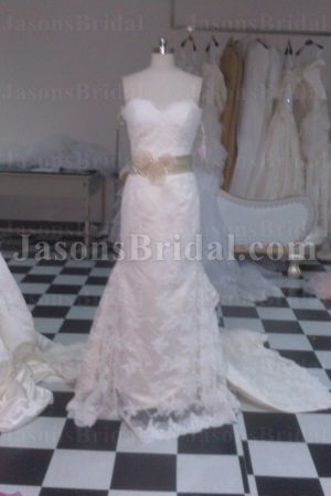 Elegant Mermaid Sweetheart Beaded Waistband Adorned Flower Bustled Sweep Train Lace Wedding Dresses