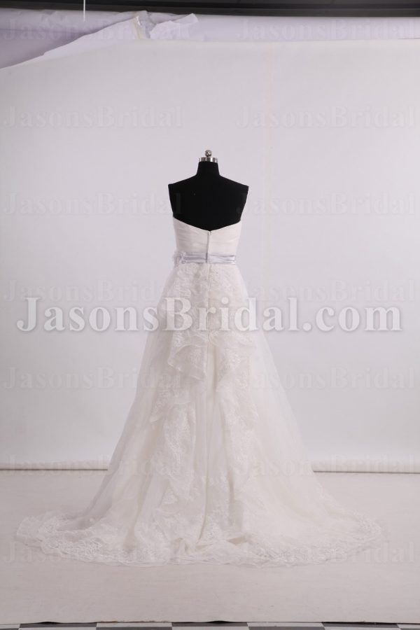 Princess A-line Sweetheart Asymmetrical Ruched Floral Ribbon Sweep Train Satin Appliqued Cascade Back Organza Wedding Dresses