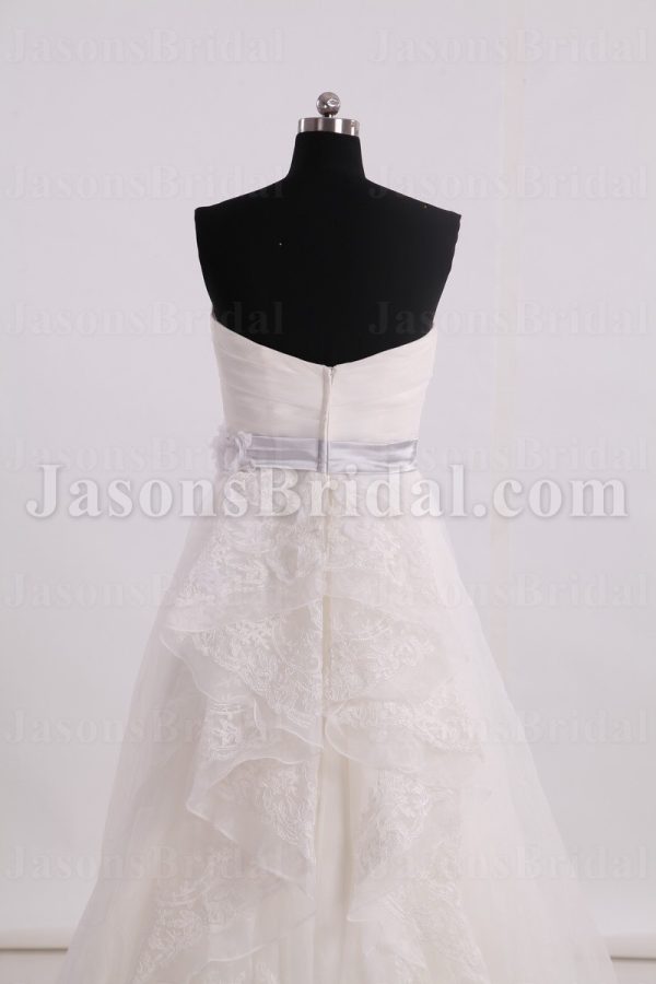 Princess A-line Sweetheart Asymmetrical Ruched Floral Ribbon Sweep Train Satin Appliqued Cascade Back Organza Wedding Dresses