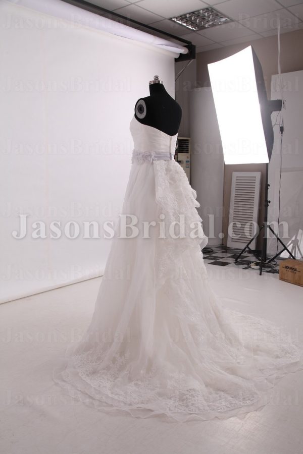 Princess A-line Sweetheart Asymmetrical Ruched Floral Ribbon Sweep Train Satin Appliqued Cascade Back Organza Wedding Dresses