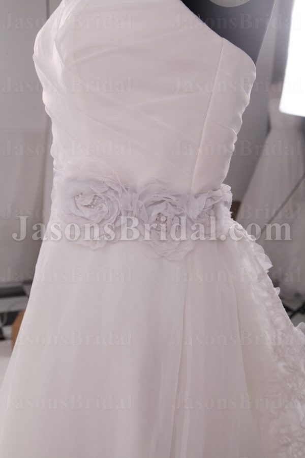 Princess A-line Sweetheart Asymmetrical Ruched Floral Ribbon Sweep Train Satin Appliqued Cascade Back Organza Wedding Dresses