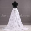 A-line Strapless Beaded Appliqued Bodice Ruched Belt Embroidered Sweep Train Organza over Satin Wedding Dresses