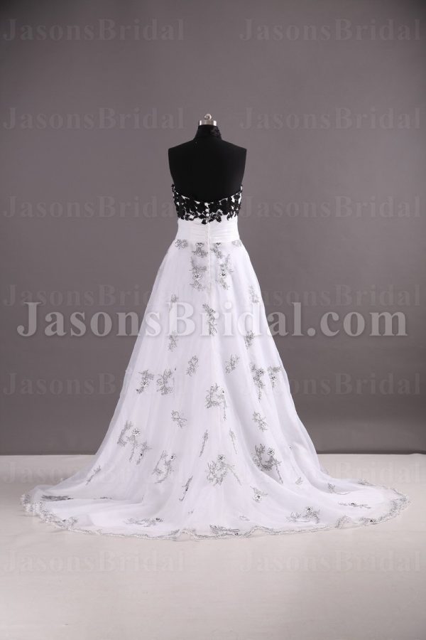 A-line Strapless Beaded Appliqued Bodice Ruched Belt Embroidered Sweep Train Organza over Satin Wedding Dresses