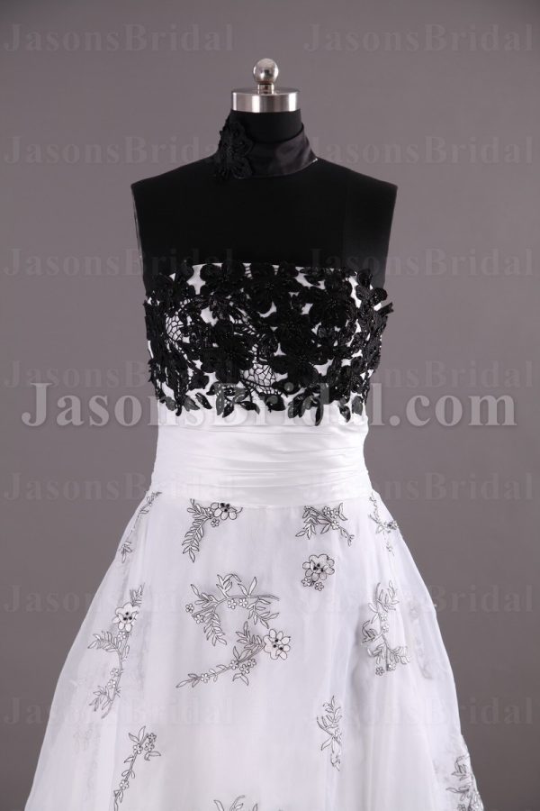 A-line Strapless Beaded Appliqued Bodice Ruched Belt Embroidered Sweep Train Organza over Satin Wedding Dresses