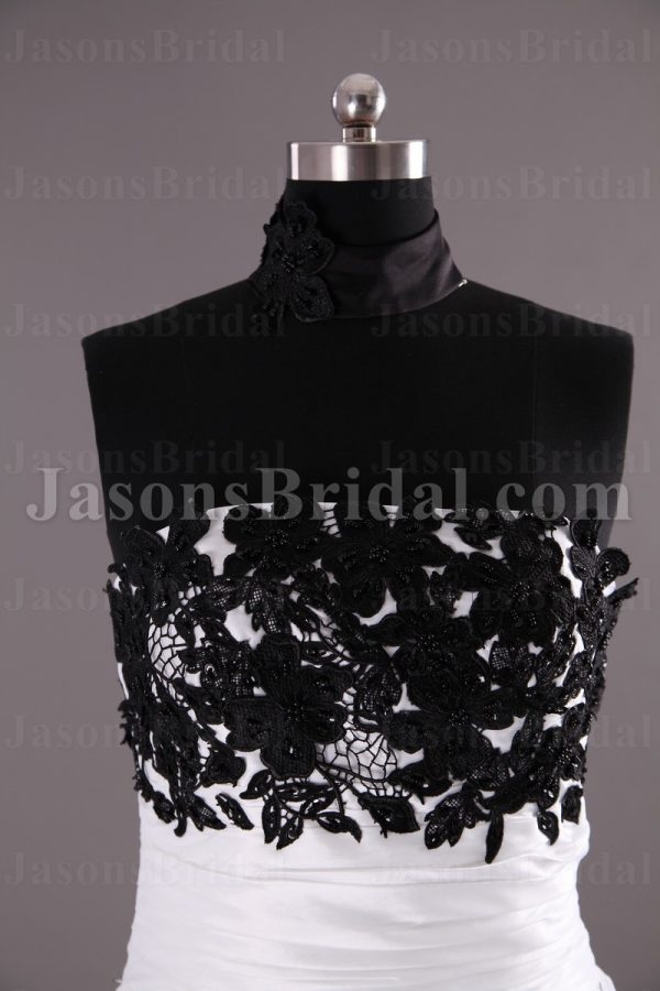 A-line Strapless Beaded Appliqued Bodice Ruched Belt Embroidered Sweep Train Organza over Satin Wedding Dresses