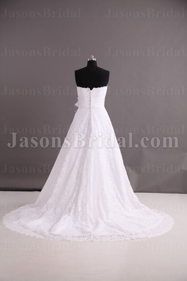 Gorgeous A-line Scalloped Sweetheart Ruched Belt Adorned Flower Sweep Train Lace Wedding Dresses