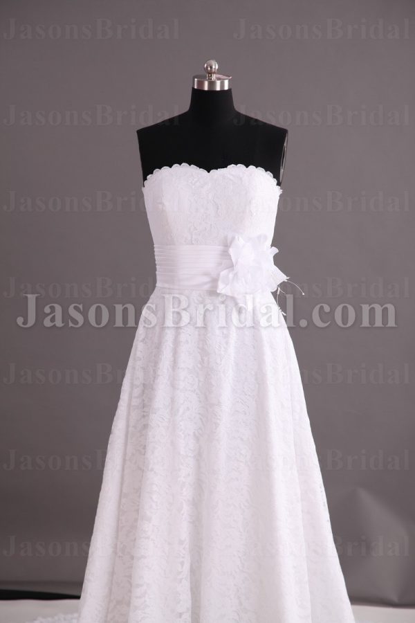 Gorgeous A-line Scalloped Sweetheart Ruched Belt Adorned Flower Sweep Train Lace Wedding Dresses