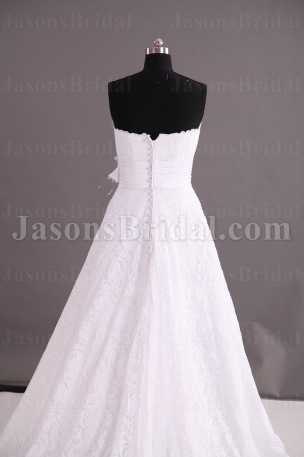 Gorgeous A-line Scalloped Sweetheart Ruched Belt Adorned Flower Sweep Train Lace Wedding Dresses