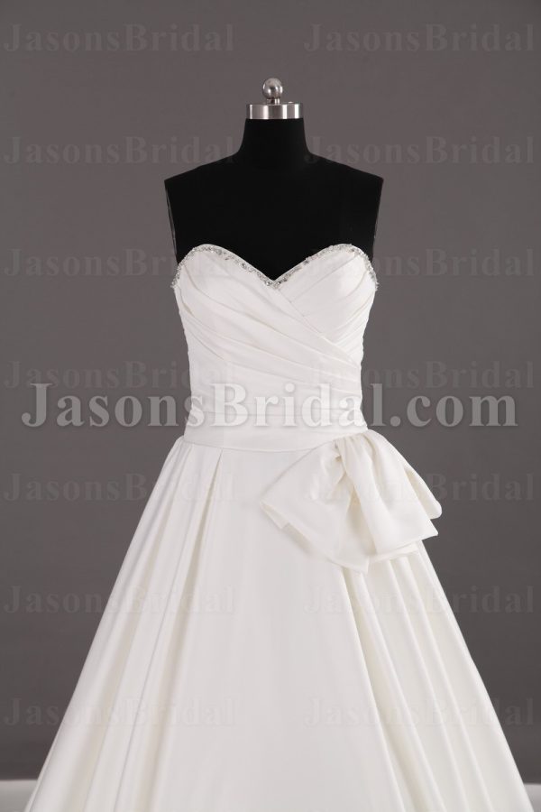 Princess A-line Beaded Sweetheart Asymmetrical Ruched Side Draped Sweep Train Pleated Satin Wedding Dresses