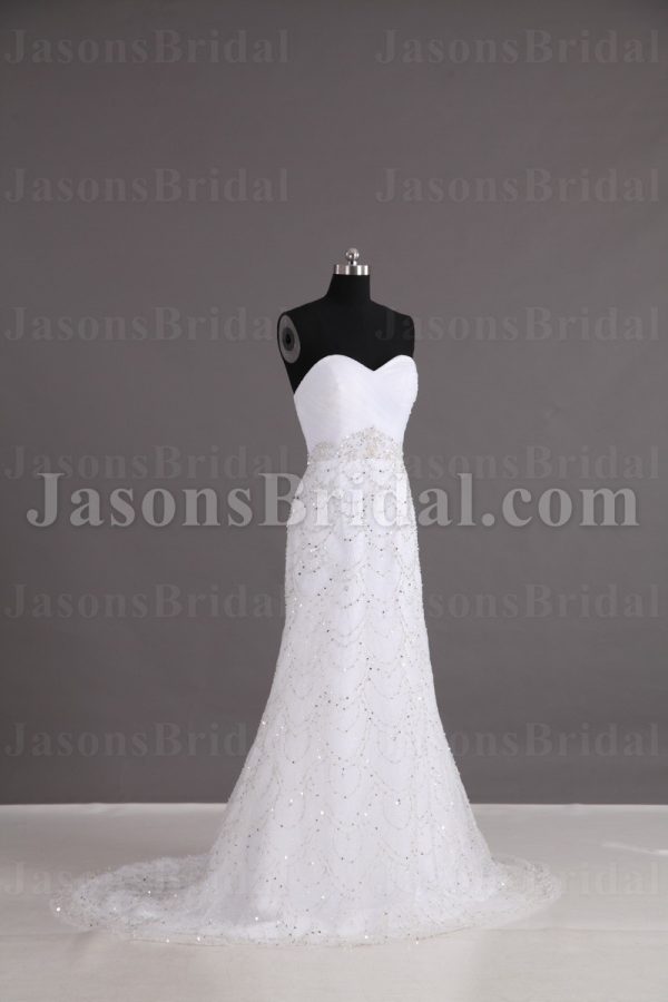 Fit-and-Flare Sweetheart Ruched Bodice Beaded Sequins Embellished Sweep Train Tulle Wedding Dresses