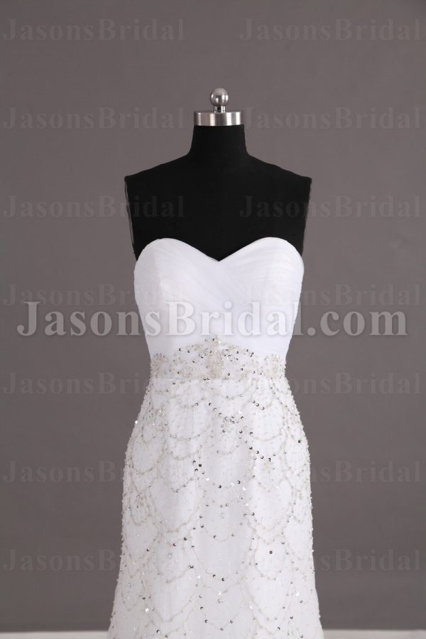 Fit-and-Flare Sweetheart Ruched Bodice Beaded Sequins Embellished Sweep Train Tulle Wedding Dresses