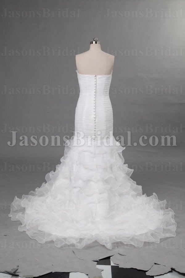 Mermaid Frilled Strapless Neckine Adorned Flower Asymmetrical Ruched Sweep Train Ruffled Organza over Satin Wedding Dresses