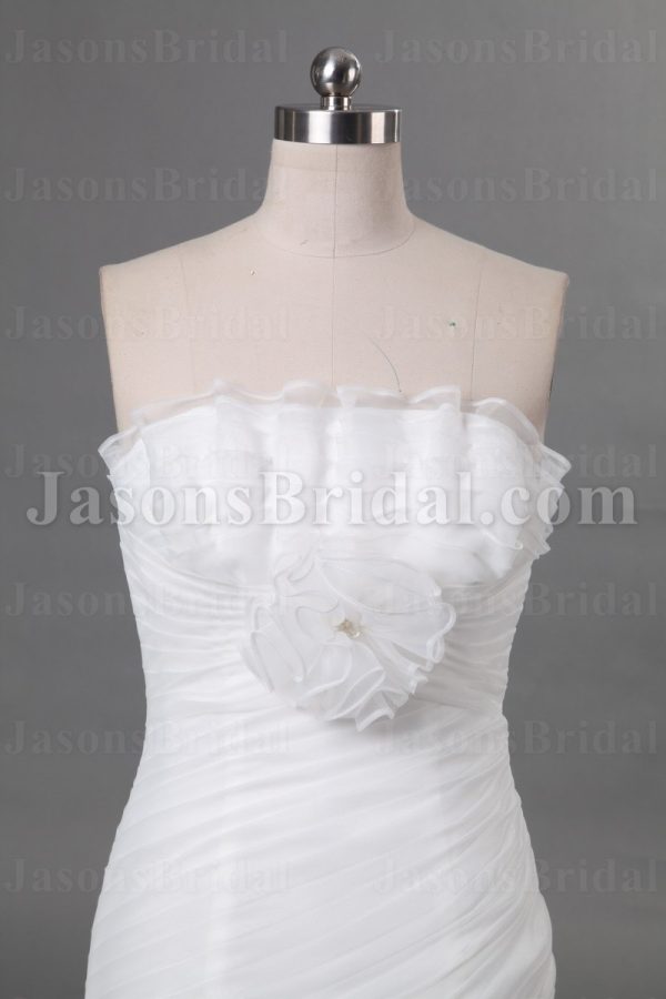 Mermaid Frilled Strapless Neckine Adorned Flower Asymmetrical Ruched Sweep Train Ruffled Organza over Satin Wedding Dresses