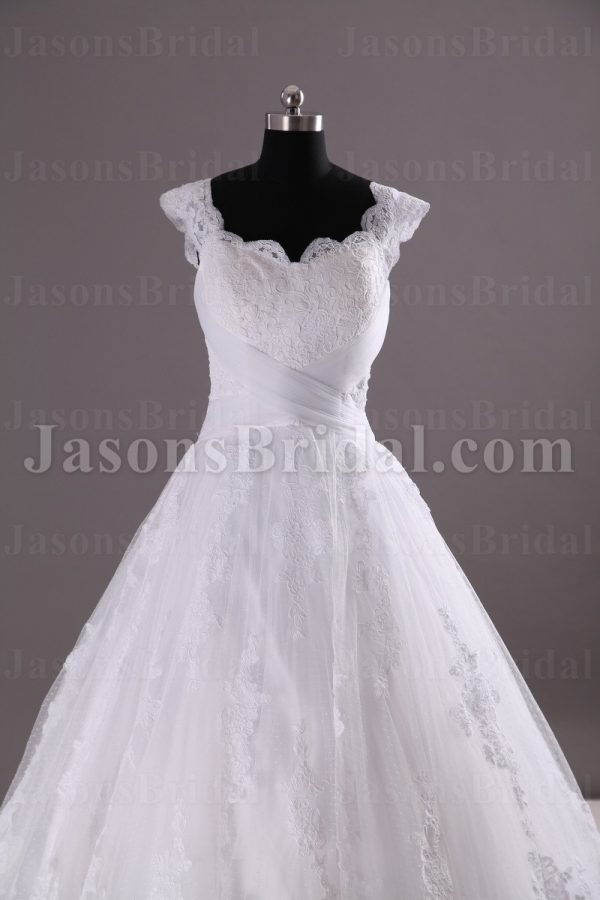 Ball Gown Cap Sleeves Scalloped Neckline Crossed Ruched Belts Sweep Train Tulle Lace Wedding Dresses