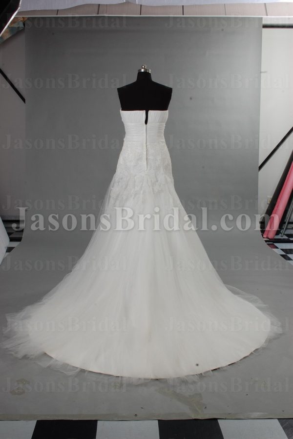 Fit-and-Flare Strapless Ruched Bodice Pleated Belt Jeweled Sweep Train Tulle Lace over Satin Wedding Dresses