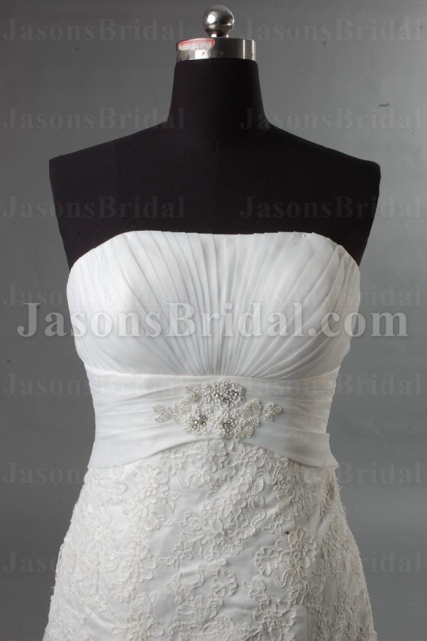 Fit-and-Flare Strapless Ruched Bodice Pleated Belt Jeweled Sweep Train Tulle Lace over Satin Wedding Dresses