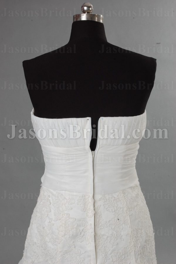 Fit-and-Flare Strapless Ruched Bodice Pleated Belt Jeweled Sweep Train Tulle Lace over Satin Wedding Dresses