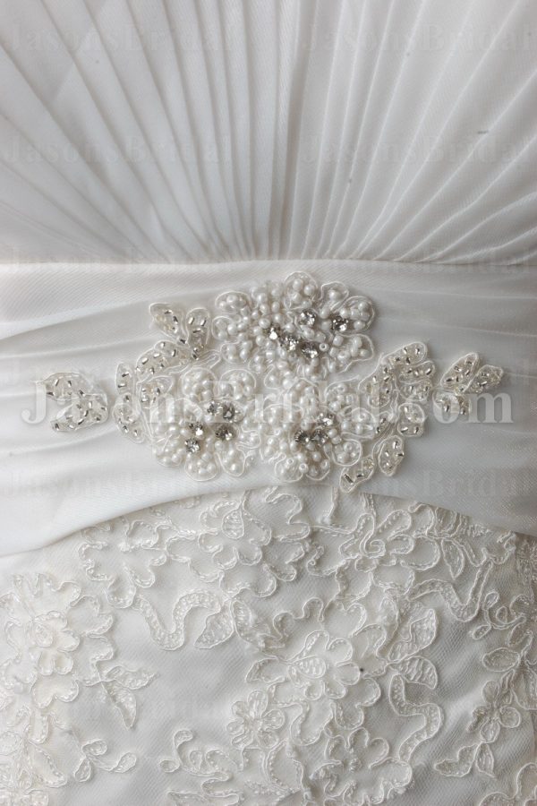 Fit-and-Flare Strapless Ruched Bodice Pleated Belt Jeweled Sweep Train Tulle Lace over Satin Wedding Dresses