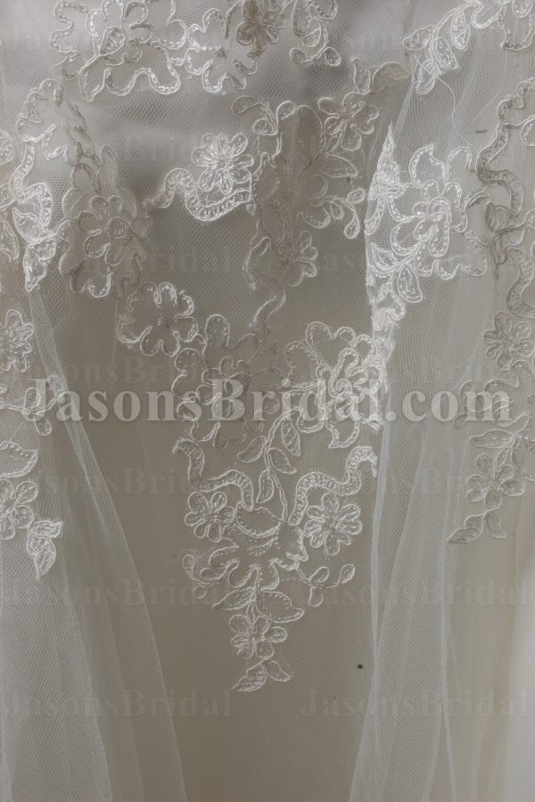 Fit-and-Flare Strapless Ruched Bodice Pleated Belt Jeweled Sweep Train Tulle Lace over Satin Wedding Dresses