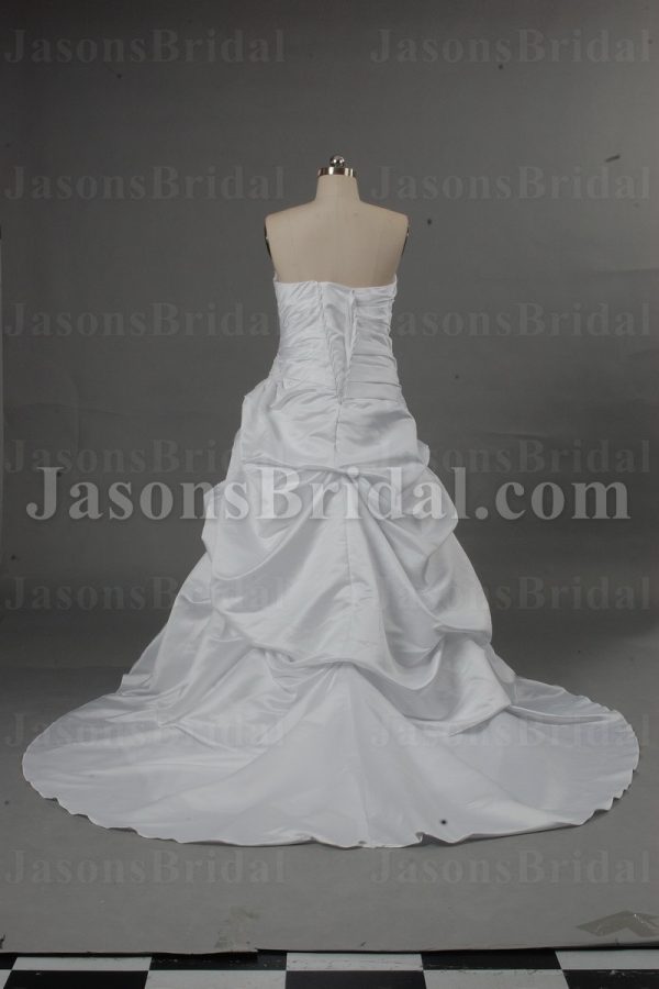 Ball Gown Sweetheart Beaded Appliques Asymmetrical Ruched Chapel Train Pick-up Satin Wedding Dresses