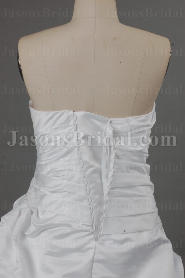 Ball Gown Sweetheart Beaded Appliques Asymmetrical Ruched Chapel Train Pick-up Satin Wedding Dresses