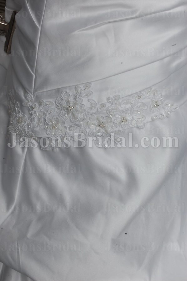 Ball Gown Sweetheart Beaded Appliques Asymmetrical Ruched Chapel Train Pick-up Satin Wedding Dresses