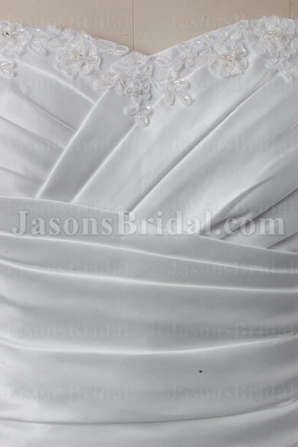 Ball Gown Sweetheart Beaded Appliques Asymmetrical Ruched Chapel Train Pick-up Satin Wedding Dresses