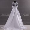 A-line Sleeveless Illusion Scalloped Neckline Lace Bodice Beaded Ribbon Keyhole Back Sweep Train Pleated Satin Wedding Dresses