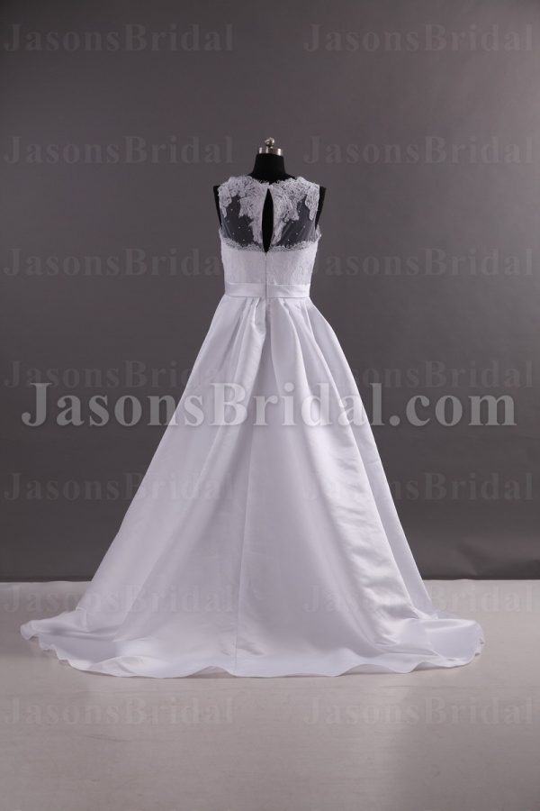 A-line Sleeveless Illusion Scalloped Neckline Lace Bodice Beaded Ribbon Keyhole Back Sweep Train Pleated Satin Wedding Dresses