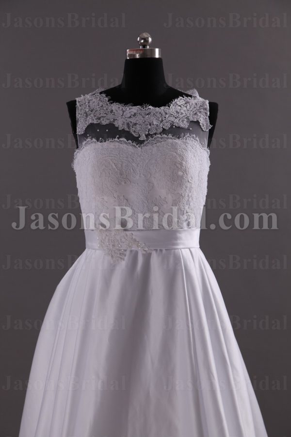 A-line Sleeveless Illusion Scalloped Neckline Lace Bodice Beaded Ribbon Keyhole Back Sweep Train Pleated Satin Wedding Dresses