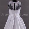A-line Sleeveless Illusion Scalloped Neckline Lace Bodice Beaded Ribbon Keyhole Back Sweep Train Pleated Satin Wedding Dresses