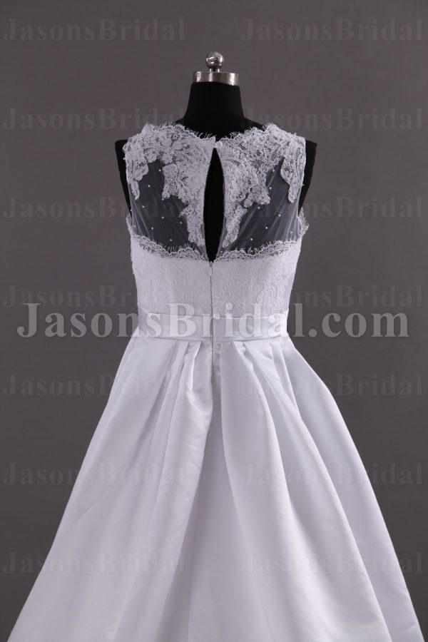 A-line Sleeveless Illusion Scalloped Neckline Lace Bodice Beaded Ribbon Keyhole Back Sweep Train Pleated Satin Wedding Dresses