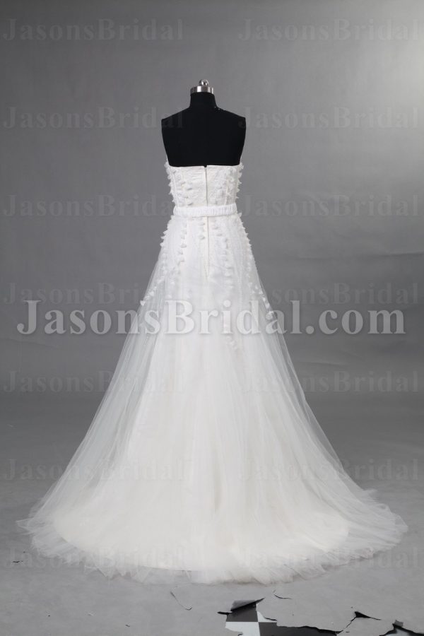 Elegant A-line Sweetheart Beaded Pleated Ribbon Sweep Train Tulle over Satin Wedding Dresses