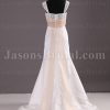 Fit-and-Flare Cap Sleeves Beaded Illusion Lace Bodice Ruched Belt Sweep Train Satin Wedding Dresses