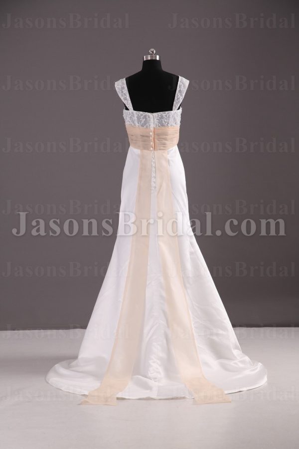 Fit-and-Flare Cap Sleeves Beaded Illusion Lace Bodice Ruched Belt Sweep Train Satin Wedding Dresses