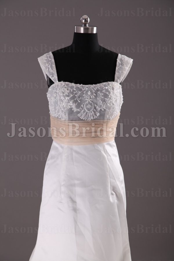 Fit-and-Flare Cap Sleeves Beaded Illusion Lace Bodice Ruched Belt Sweep Train Satin Wedding Dresses