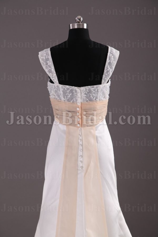 Fit-and-Flare Cap Sleeves Beaded Illusion Lace Bodice Ruched Belt Sweep Train Satin Wedding Dresses