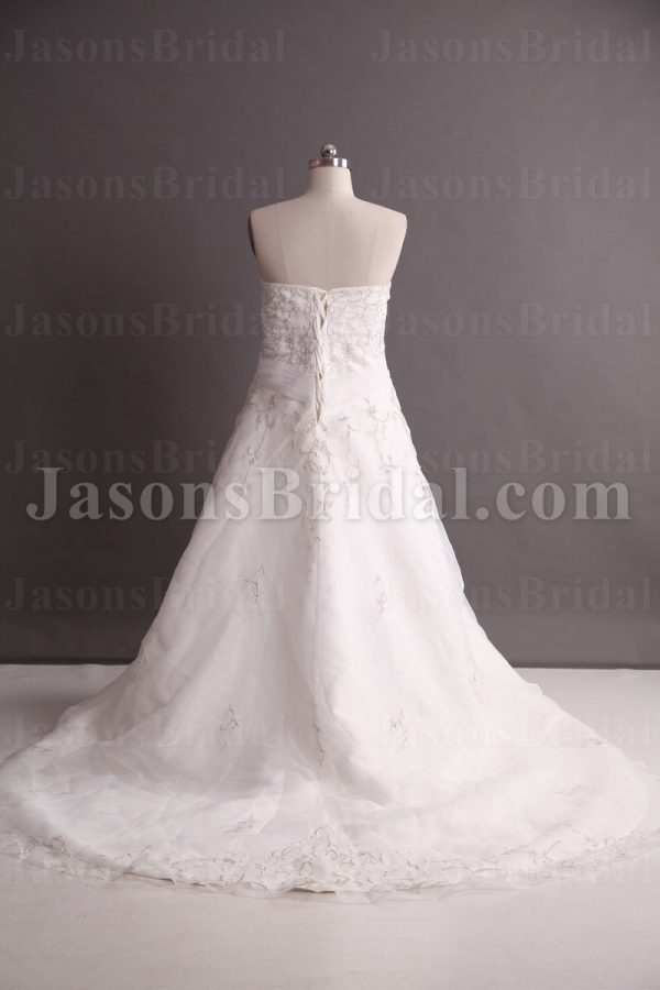 A-line Sweetheart Beaded Embroidered Jeweled Ruched Crossed Belt Chapel Train Organza over Satin Wedding Dresses