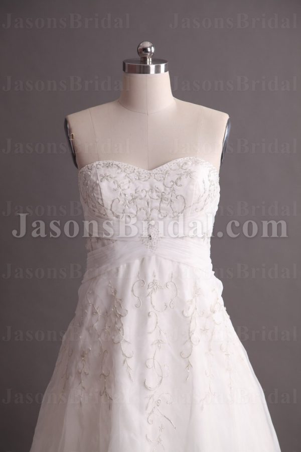 A-line Sweetheart Beaded Embroidered Jeweled Ruched Crossed Belt Chapel Train Organza over Satin Wedding Dresses