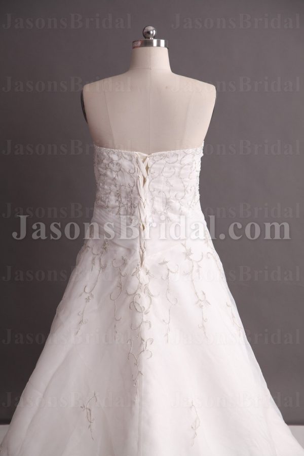 A-line Sweetheart Beaded Embroidered Jeweled Ruched Crossed Belt Chapel Train Organza over Satin Wedding Dresses