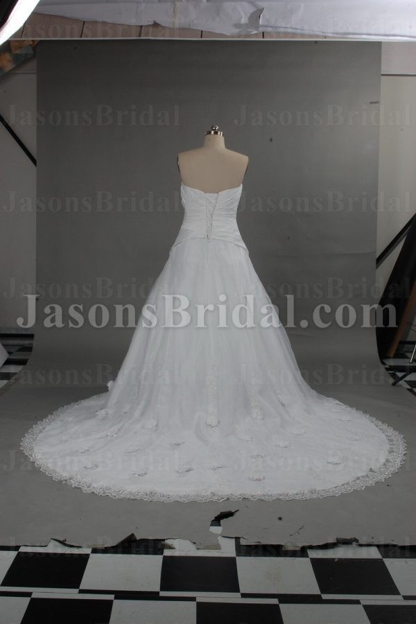 Ball Gown Strapless Asymmetrical Ruched Adorned Flowers Appliques Chapel Train Organza over Satin Wedding Dresses