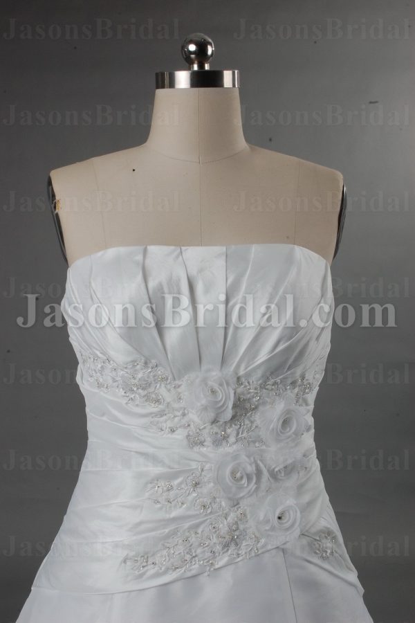 Ball Gown Strapless Asymmetrical Ruched Adorned Flowers Appliques Chapel Train Organza over Satin Wedding Dresses