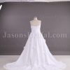 A-line Scalloped Strapless Beaded Appliques Jeweled Ruched Adorned Flowers Chapel Train Organza over Satin Wedding Dresses