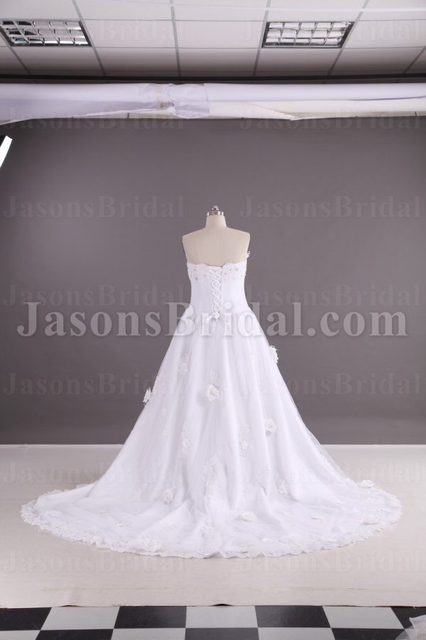 A-line Scalloped Strapless Beaded Appliques Jeweled Ruched Adorned Flowers Chapel Train Organza over Satin Wedding Dresses