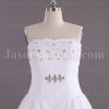 A-line Scalloped Strapless Beaded Appliques Jeweled Ruched Adorned Flowers Chapel Train Organza over Satin Wedding Dresses