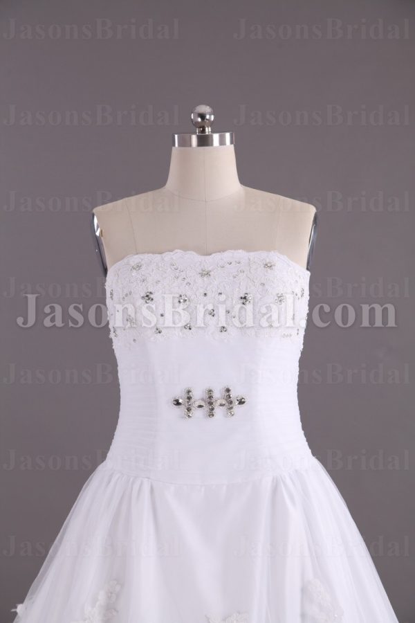 A-line Scalloped Strapless Beaded Appliques Jeweled Ruched Adorned Flowers Chapel Train Organza over Satin Wedding Dresses