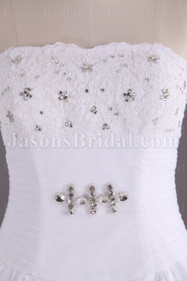 A-line Scalloped Strapless Beaded Appliques Jeweled Ruched Adorned Flowers Chapel Train Organza over Satin Wedding Dresses